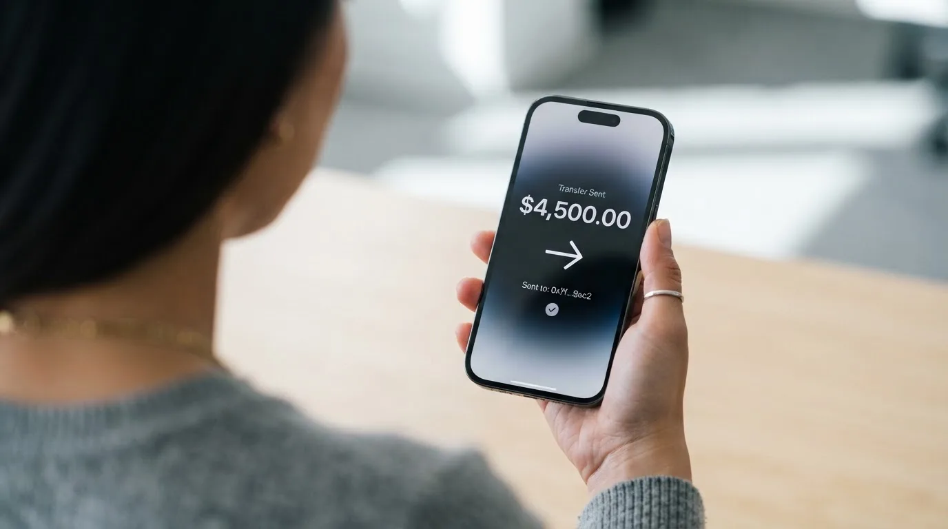A phone showing a stablecoin transfer screen