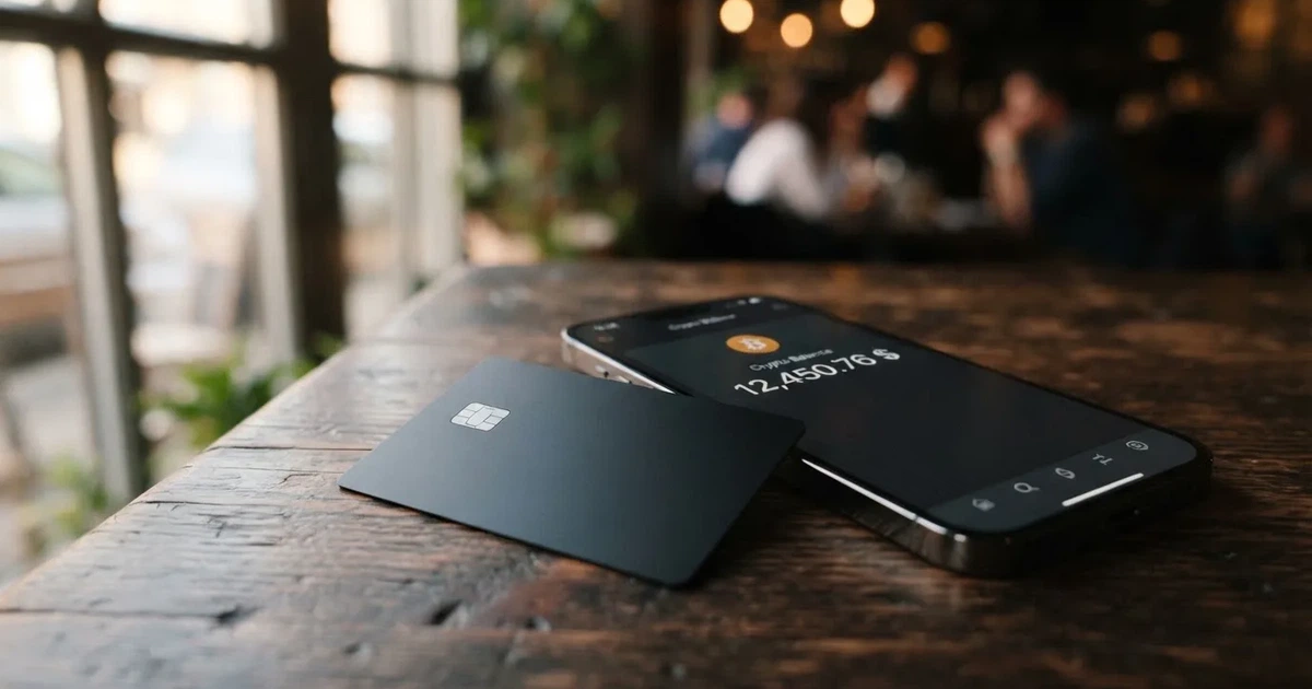 A payment card next to a phone with a crypto wallet app open