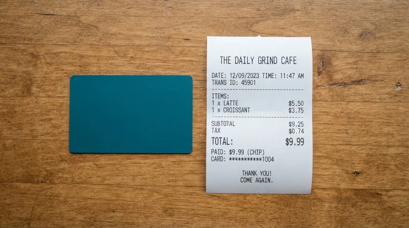 A receipt and a card on a café table