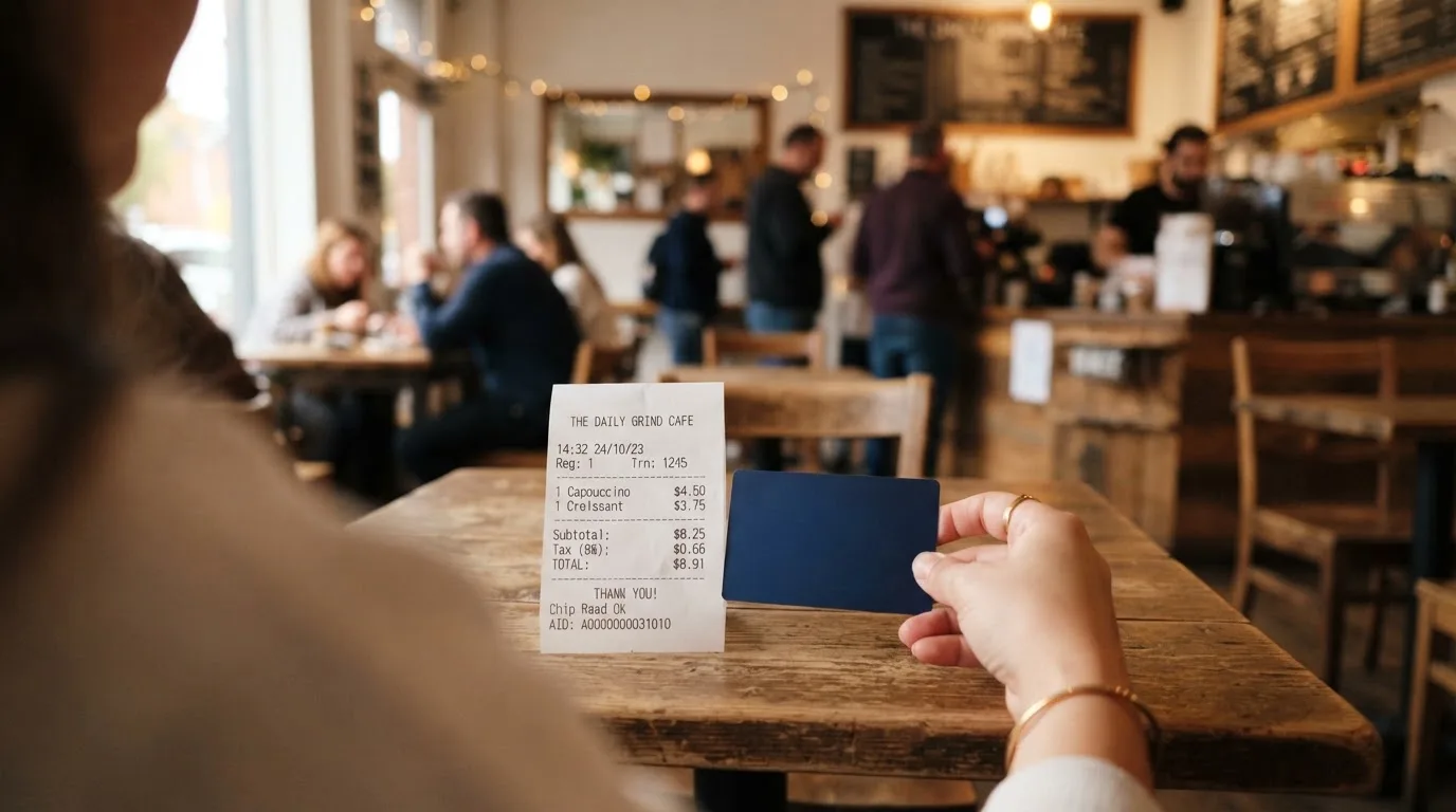 A receipt and a card on a café table
