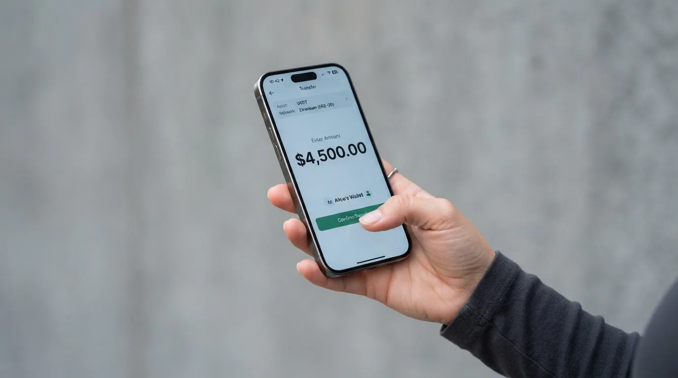 A phone showing a stablecoin transfer screen