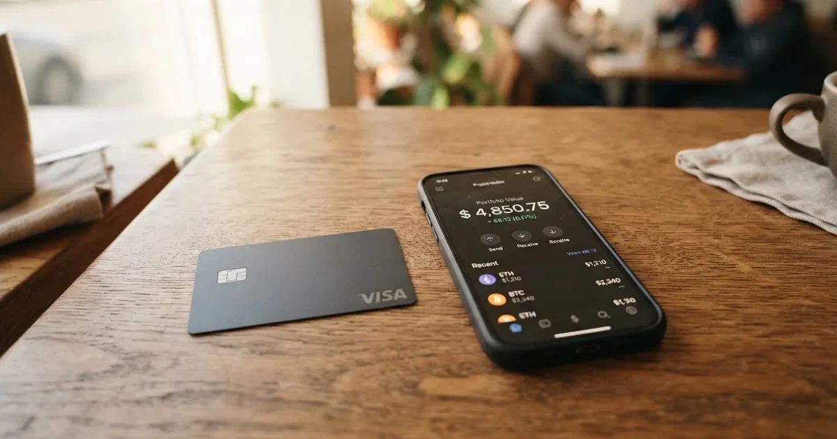 A payment card next to a phone with a crypto wallet app open