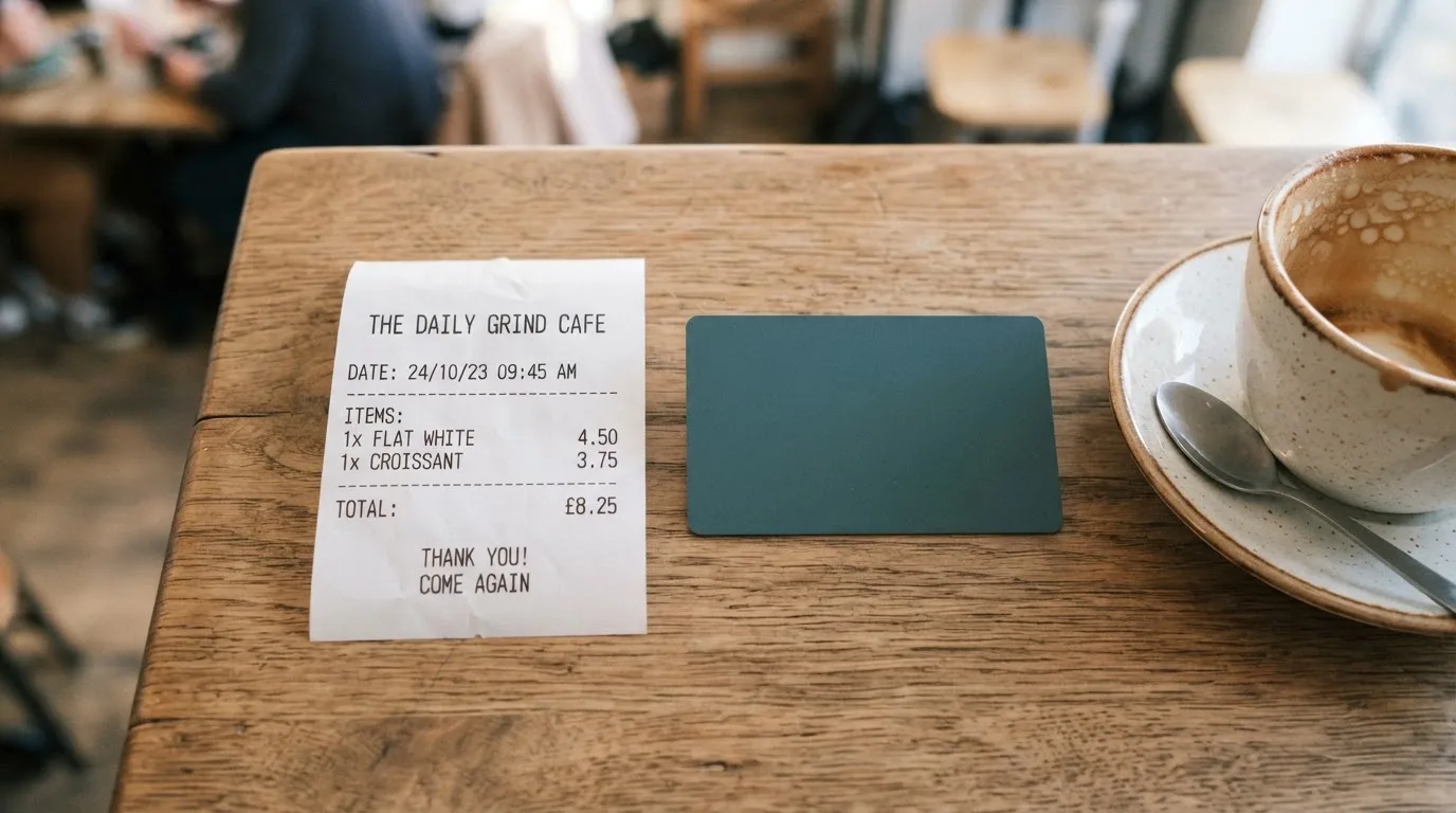 A receipt and a card on a café table