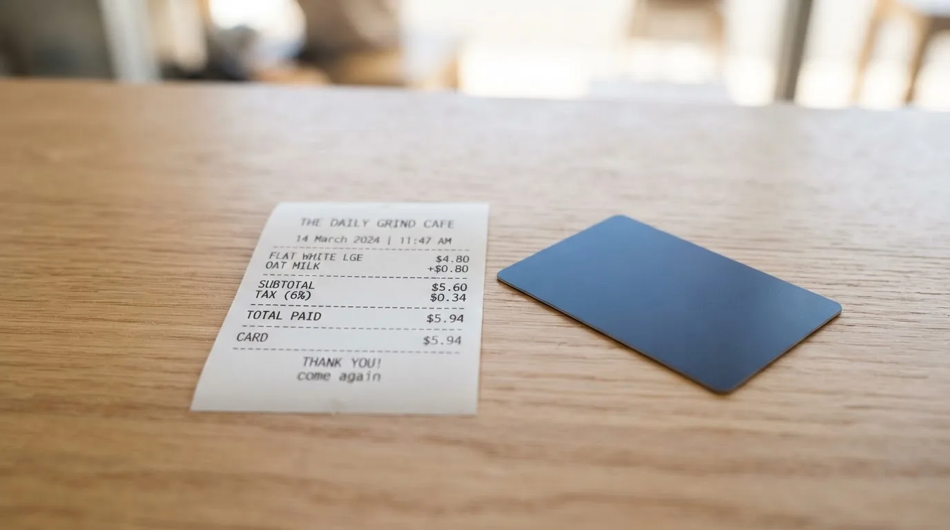 A receipt and a card on a café table