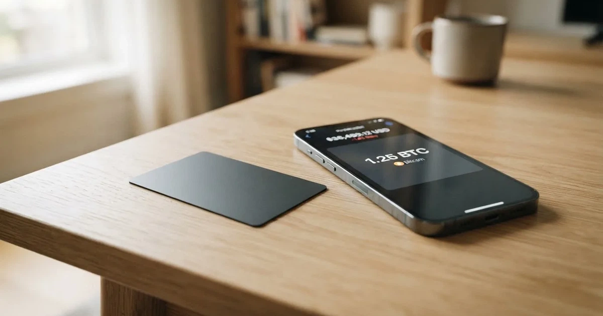 A payment card next to a phone with a crypto wallet app open