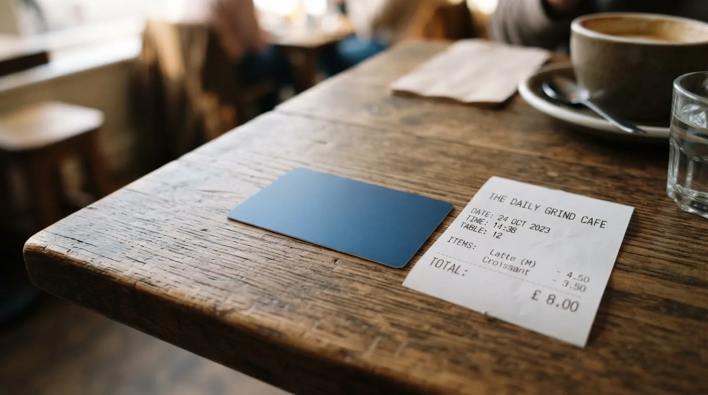 A receipt and a card on a café table