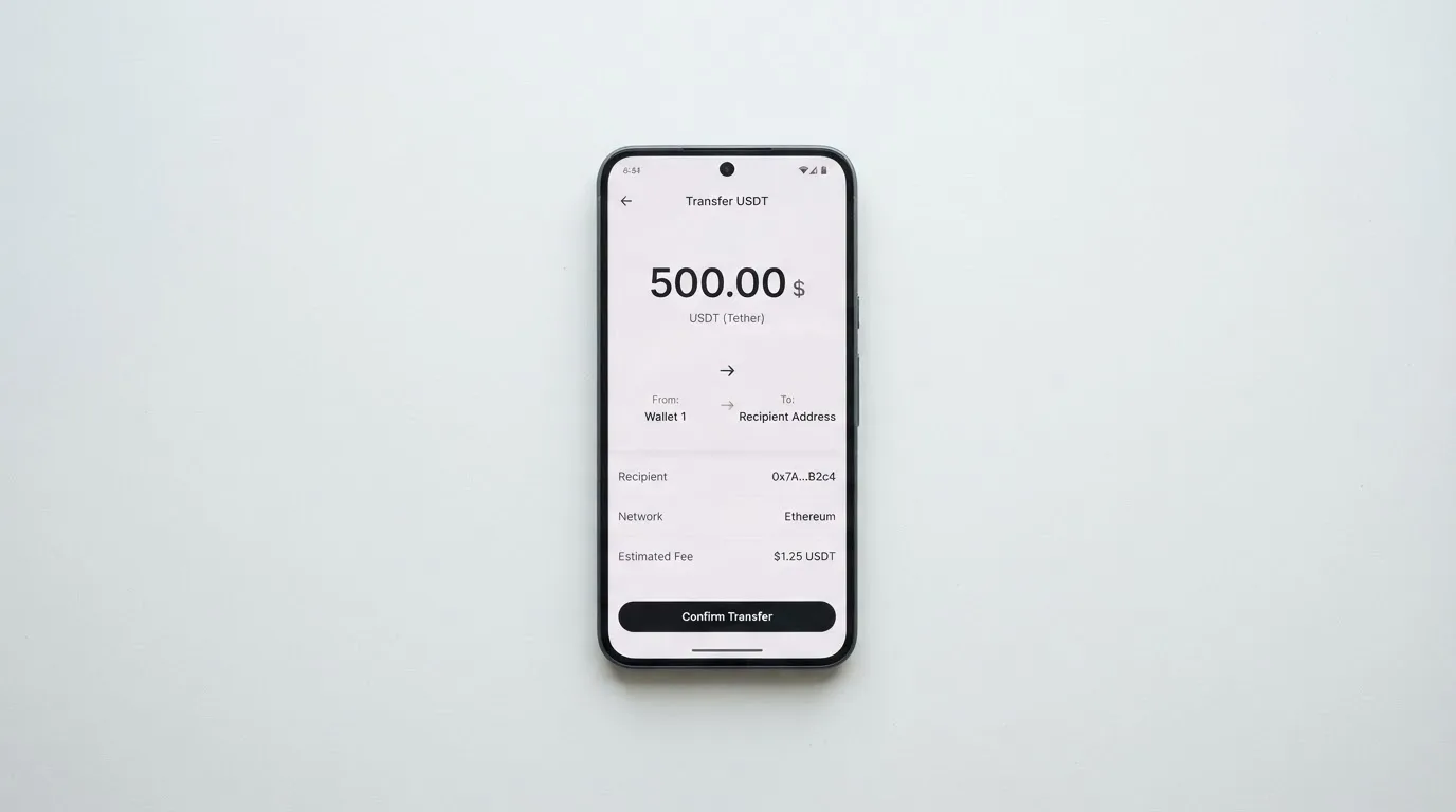 A phone showing a stablecoin transfer screen