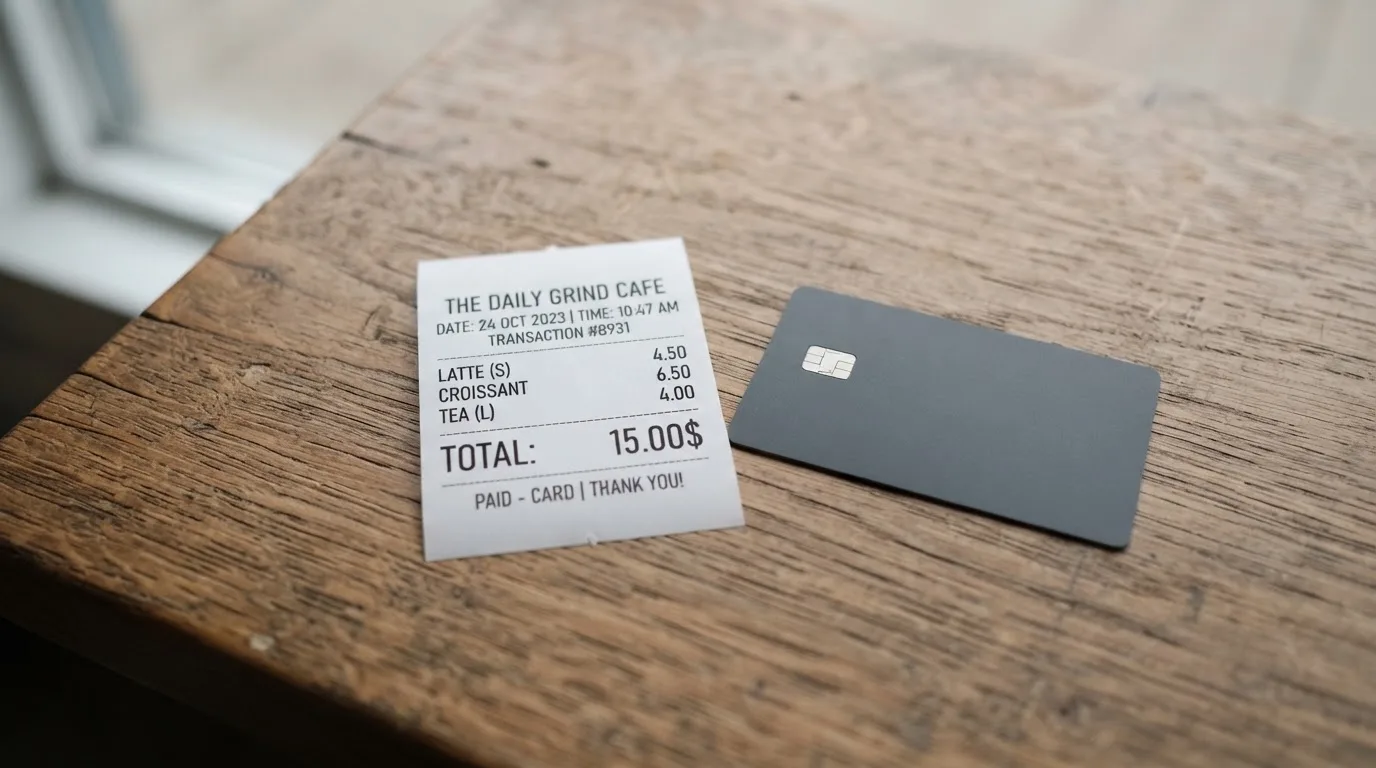 A receipt and a card on a café table