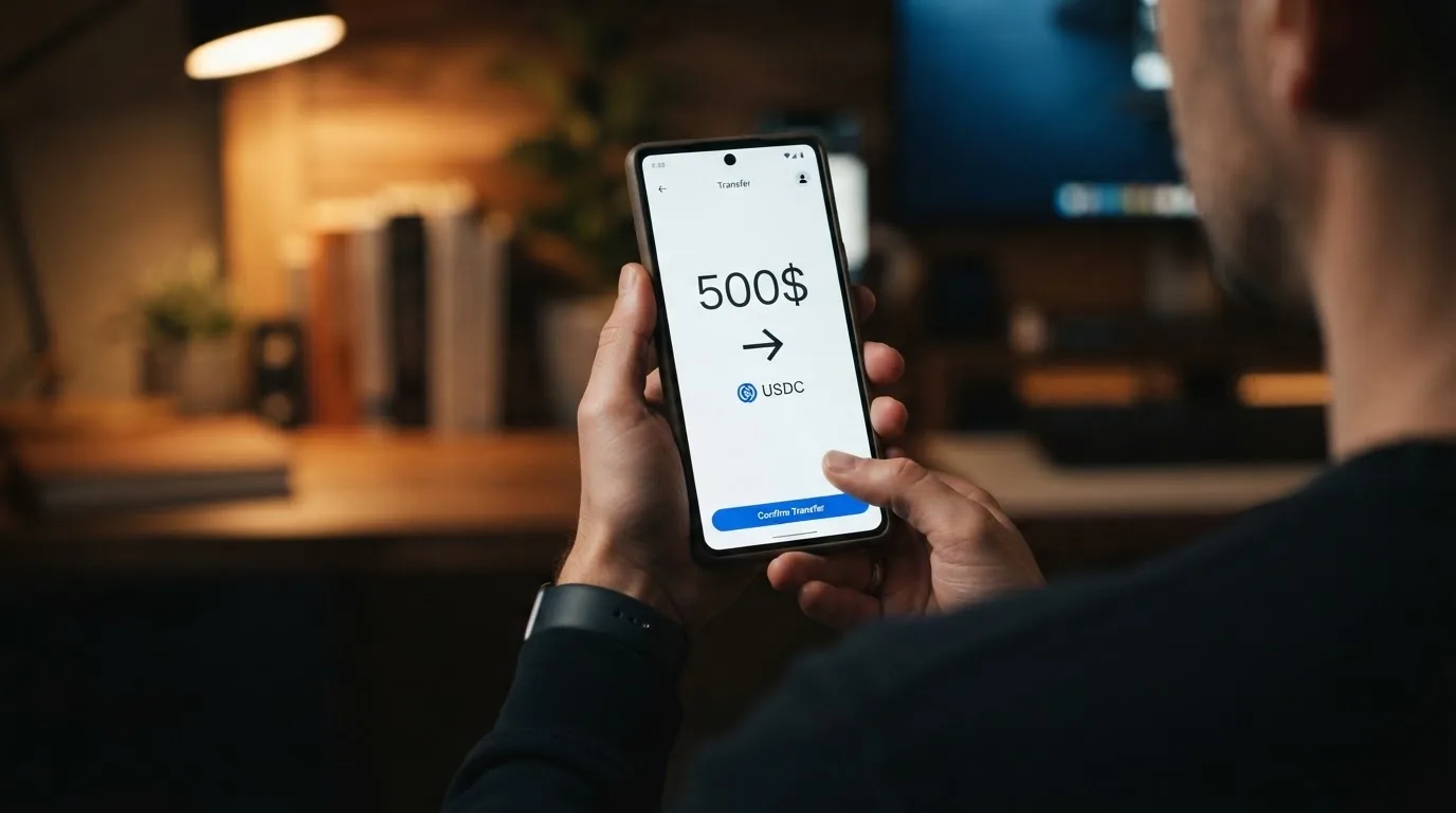 A phone showing a stablecoin transfer screen