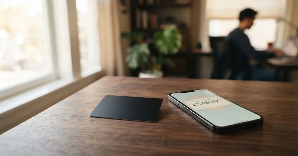 A payment card next to a phone with a crypto wallet app open