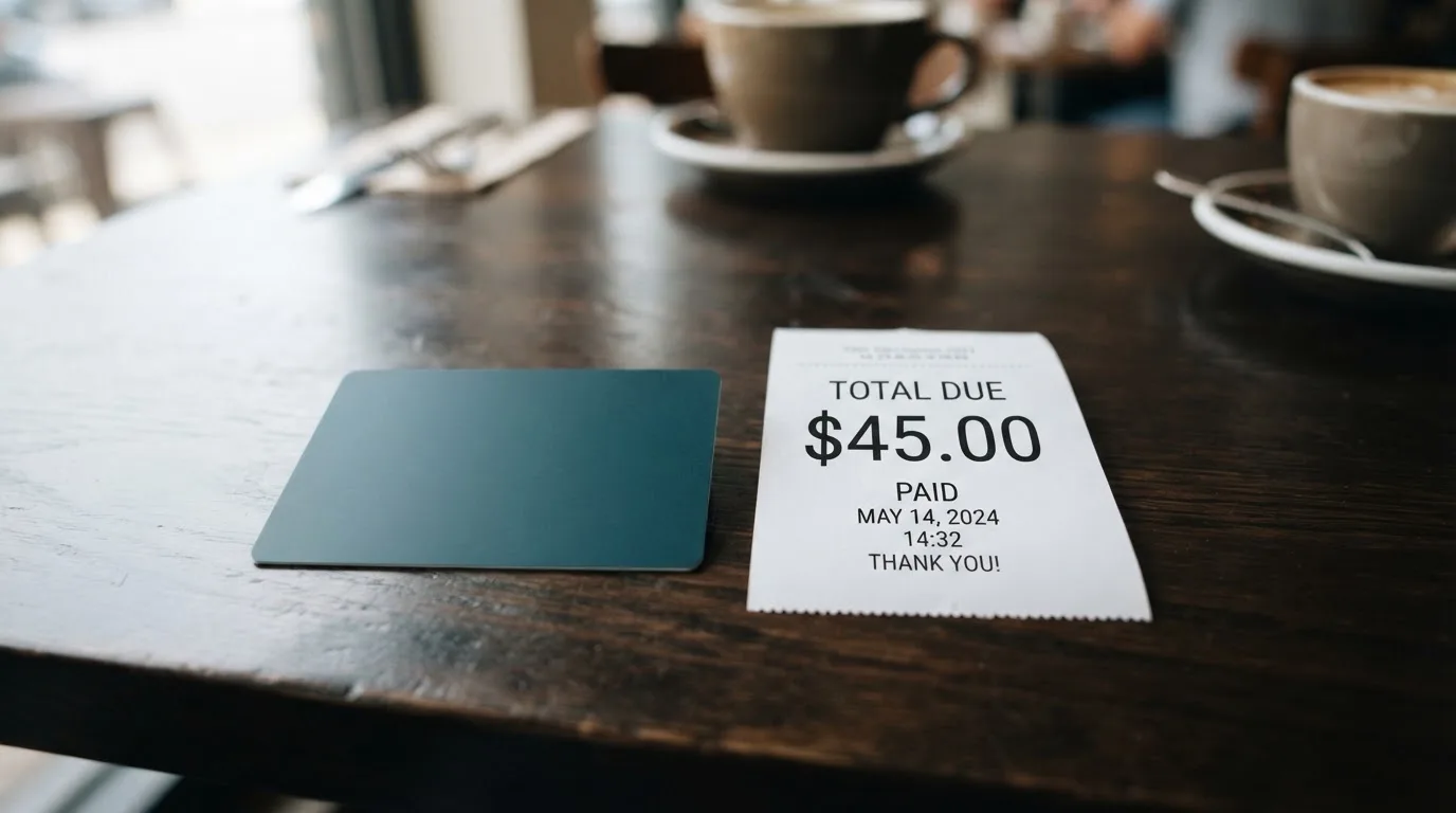 A receipt and a card on a café table