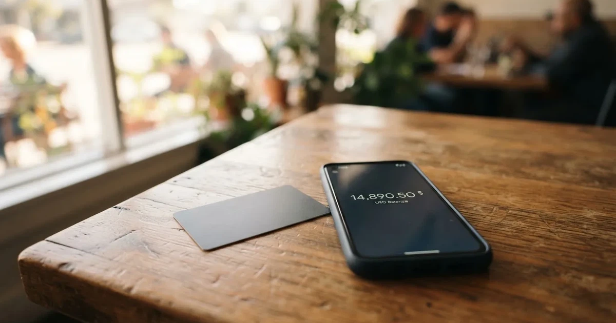 A payment card next to a phone with a crypto wallet app open