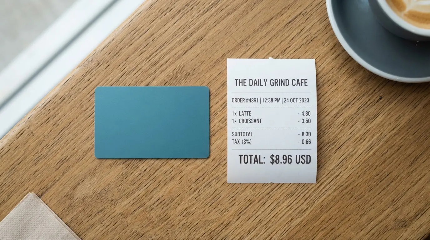 A receipt and a card on a café table