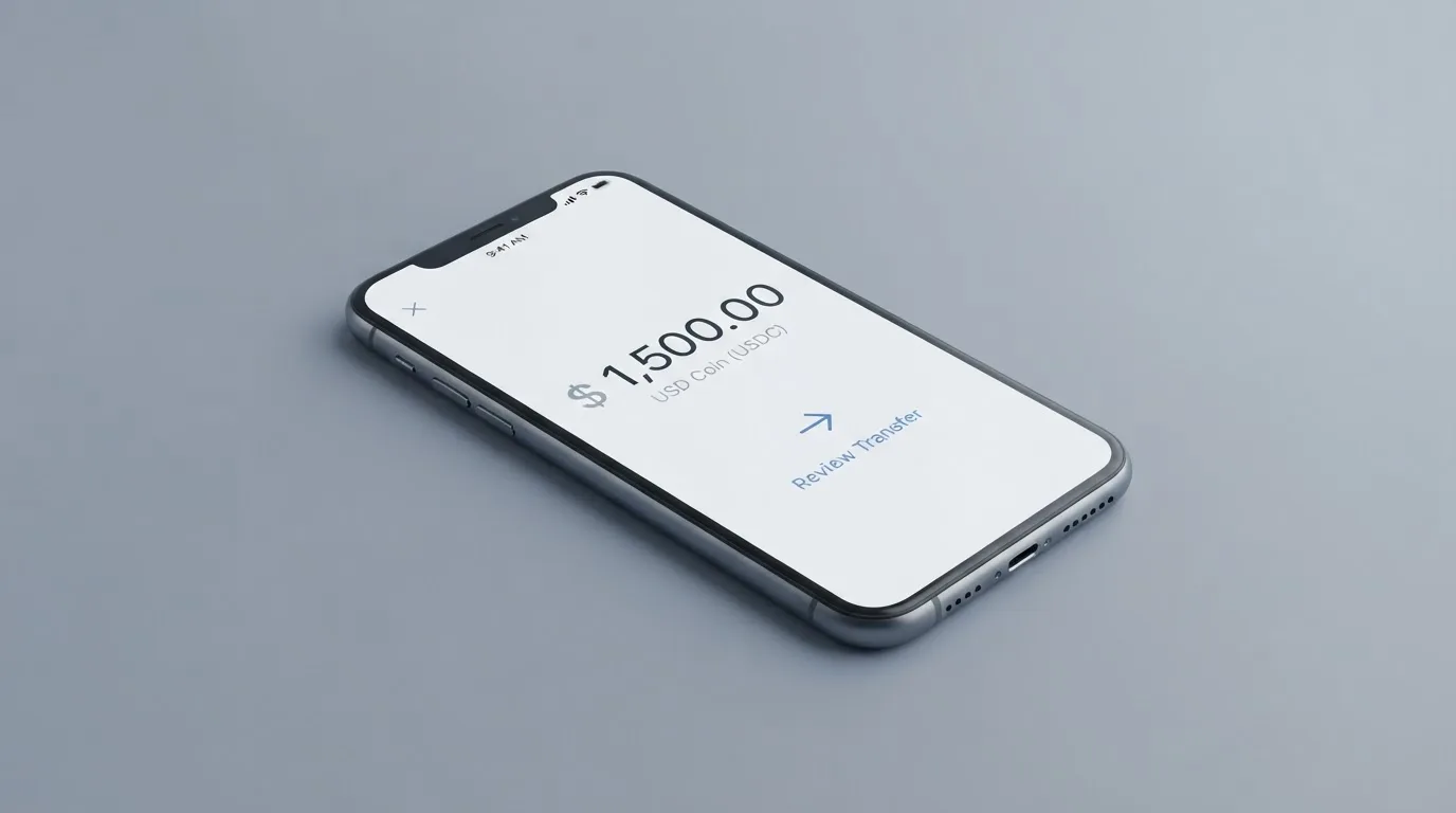 A phone showing a stablecoin transfer screen