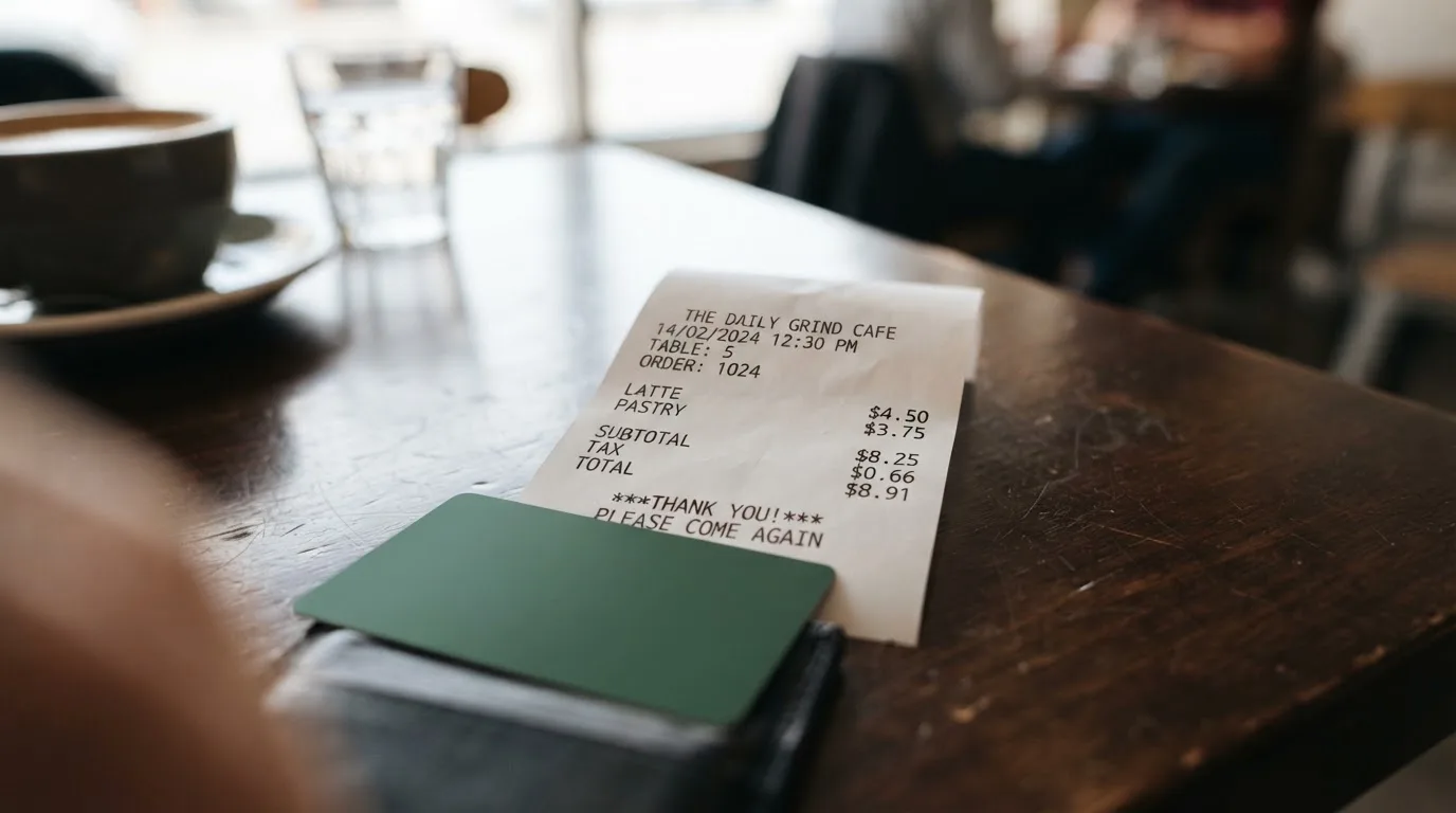 A receipt and a card on a café table