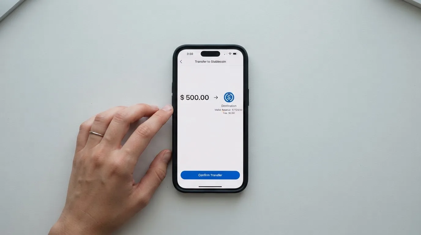 A phone showing a stablecoin transfer screen