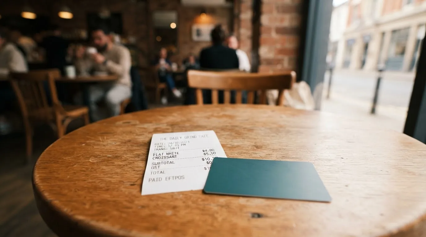 A receipt and a card on a café table