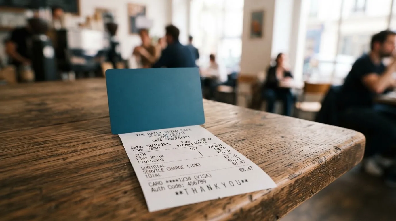 A receipt and a card on a café table