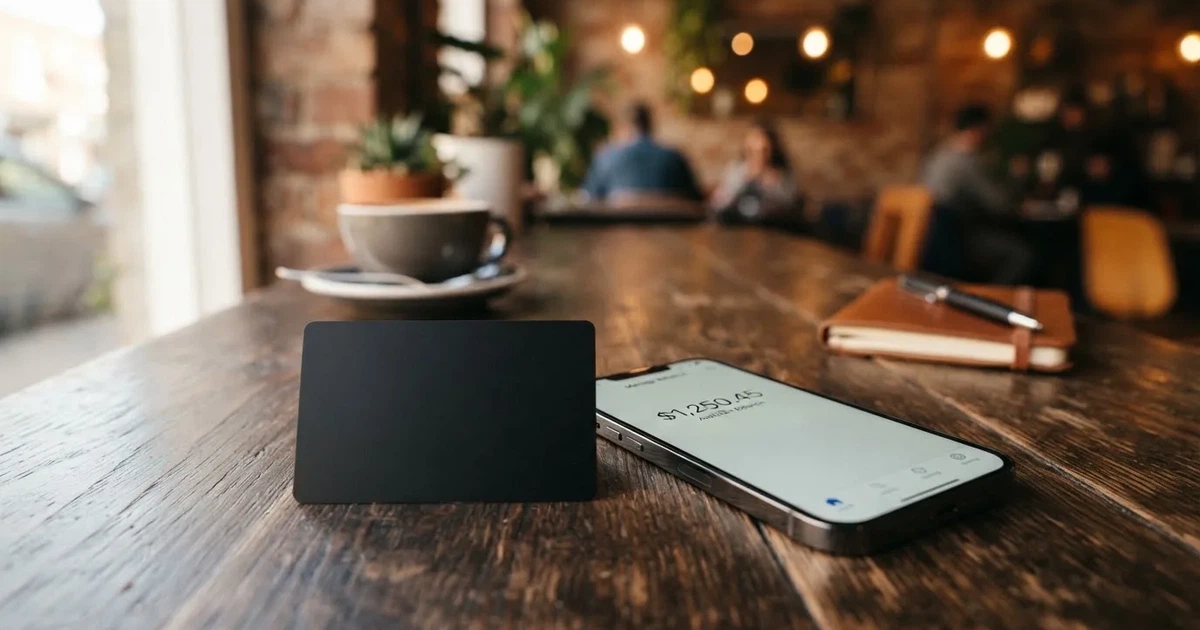 A payment card next to a phone with a crypto wallet app open