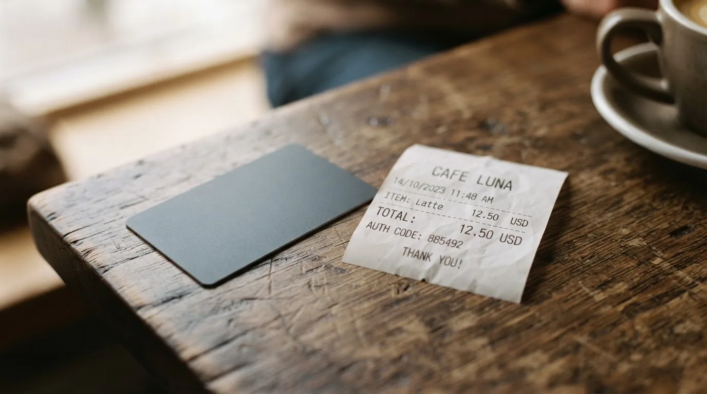 A receipt and a card on a café table