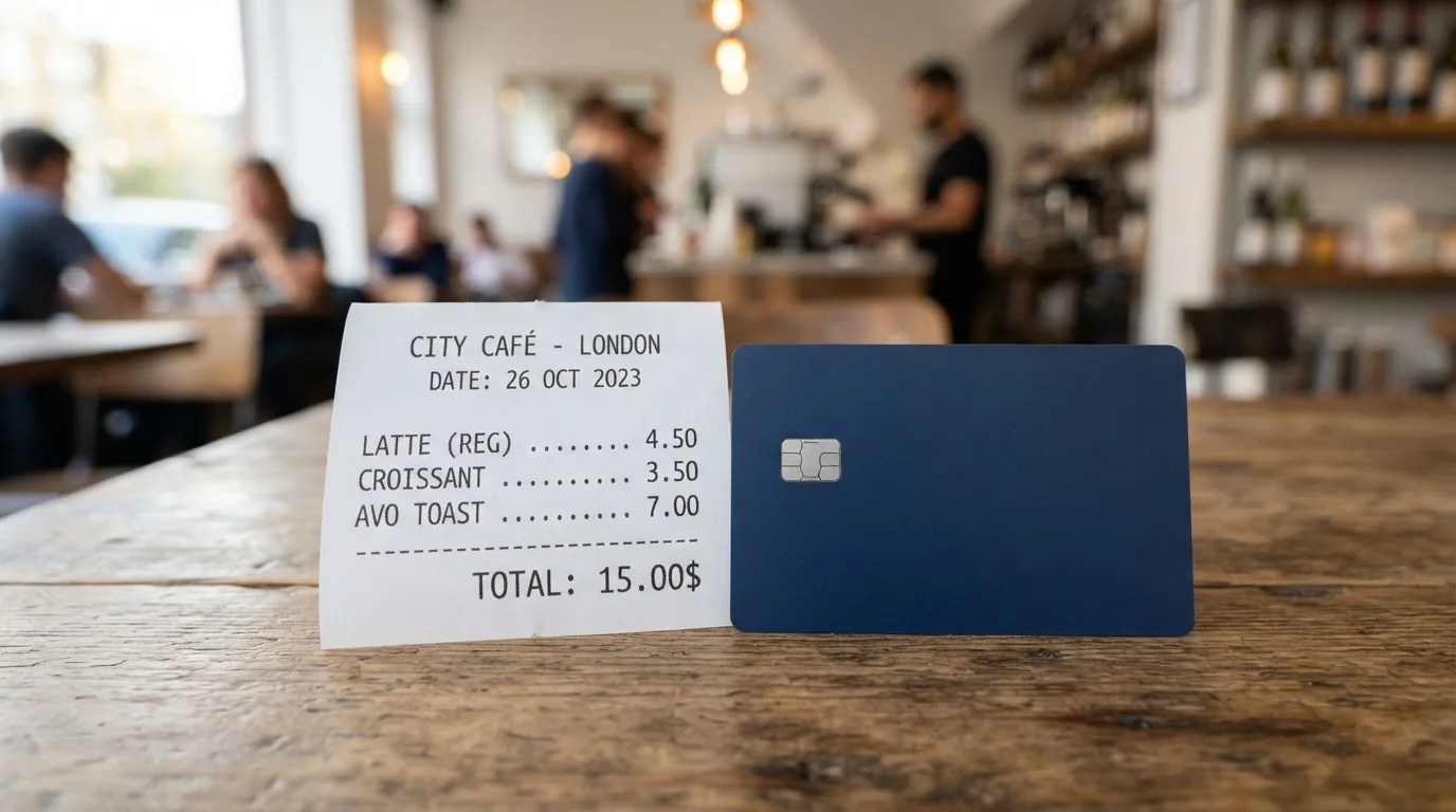 A receipt and a card on a café table