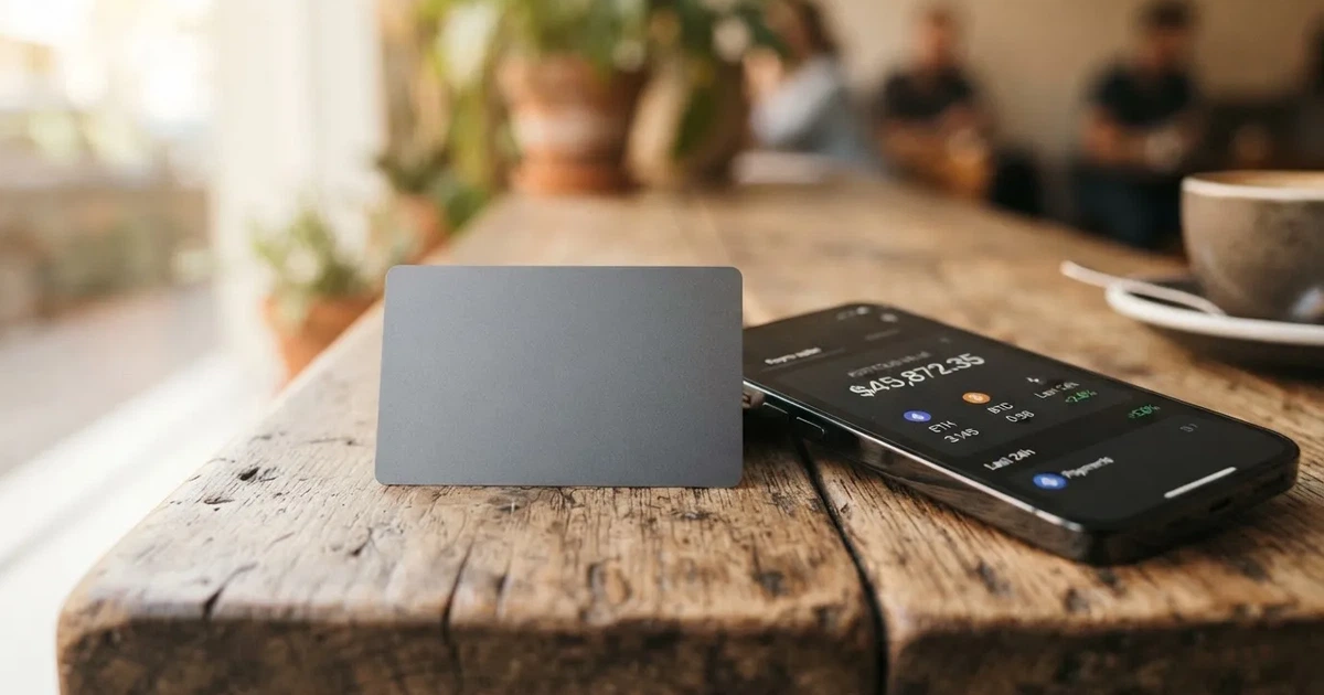 A payment card next to a phone with a crypto wallet app open