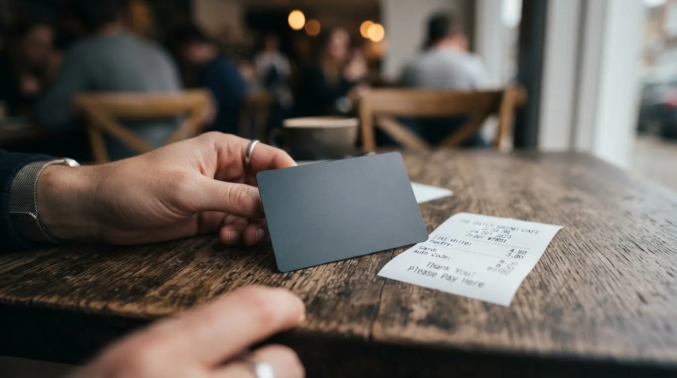 A receipt and a card on a café table