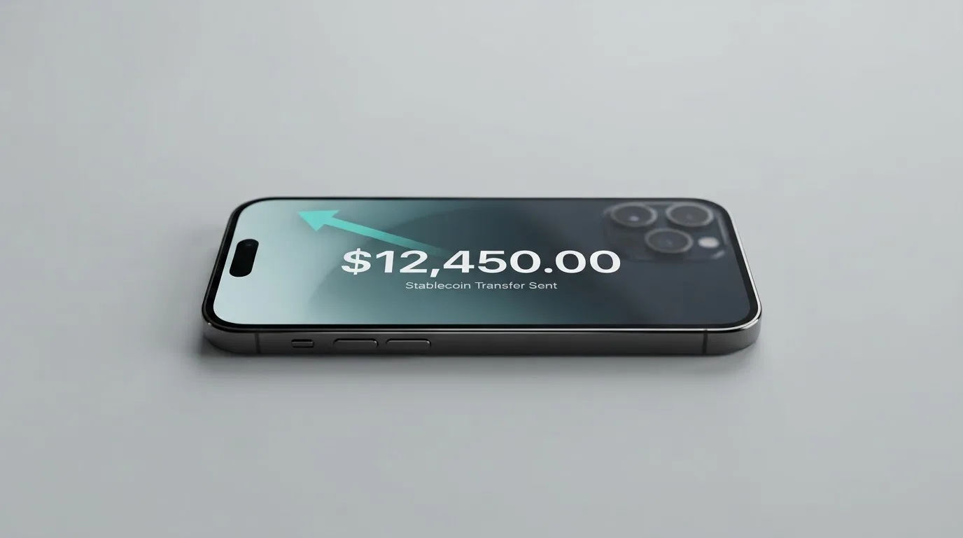 A phone showing a stablecoin transfer screen