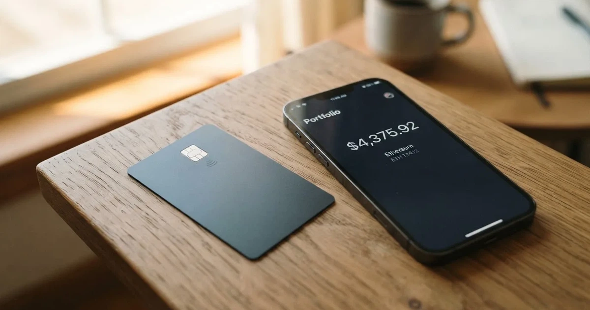 A payment card next to a phone with a crypto wallet app open