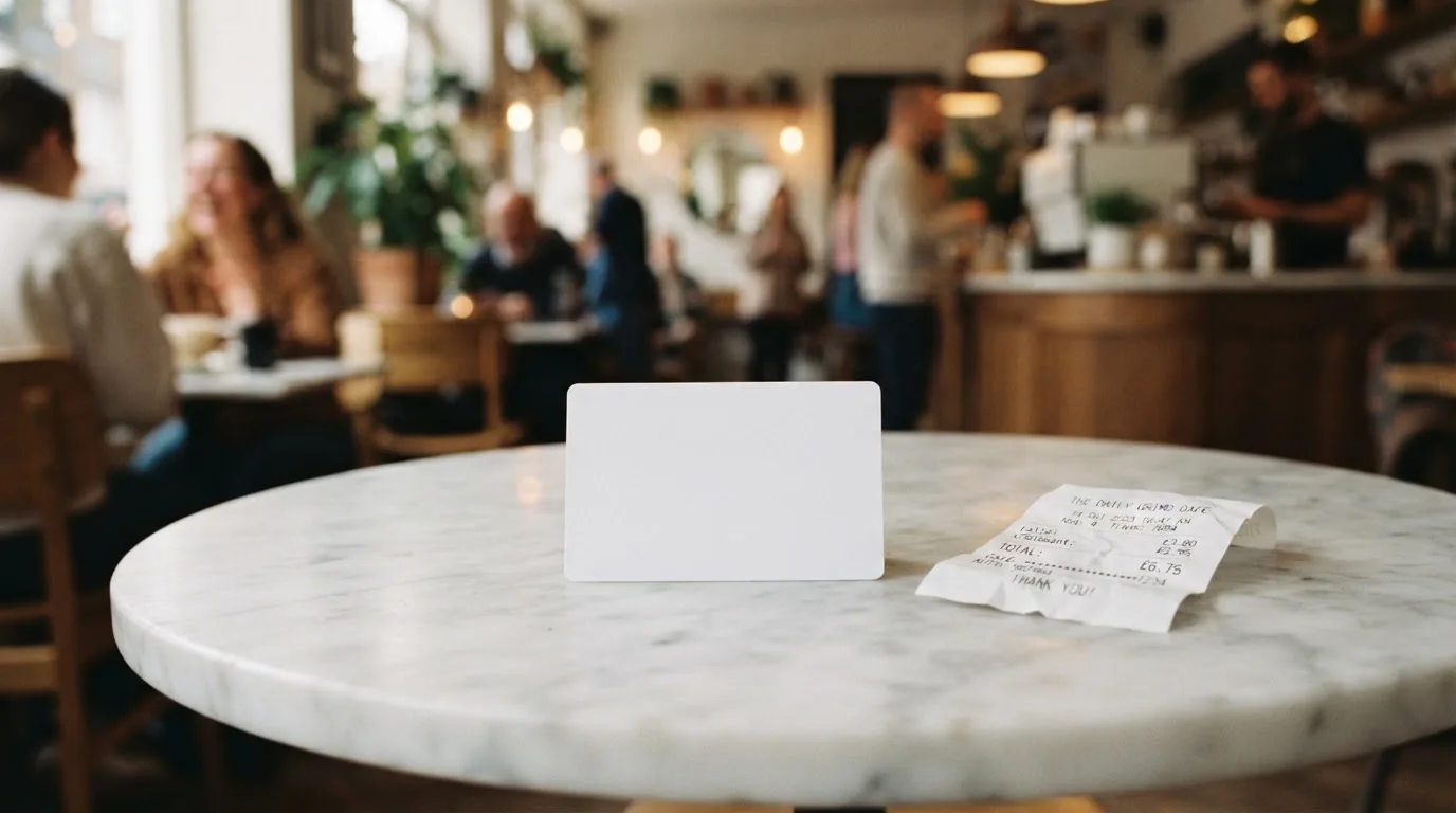 A receipt and a card on a café table