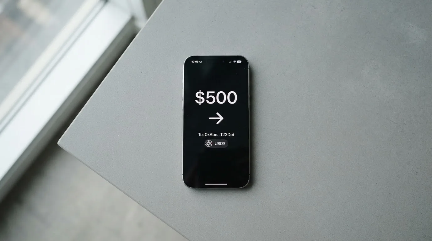 A phone showing a stablecoin transfer screen