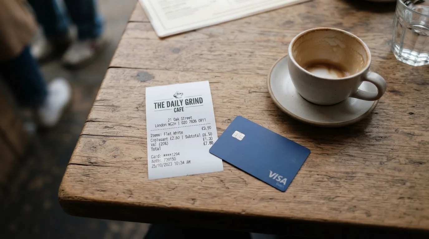 A receipt and a card on a café table