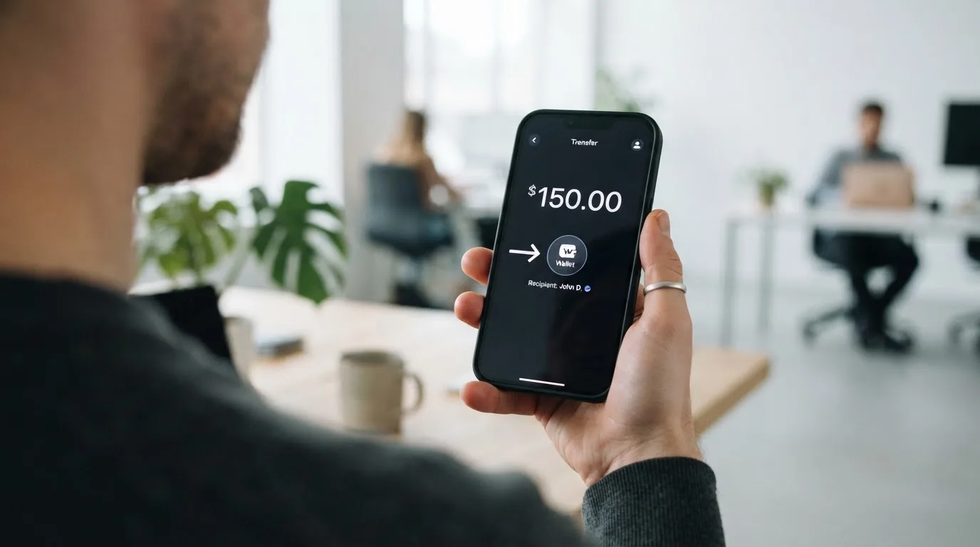 A phone showing a stablecoin transfer screen