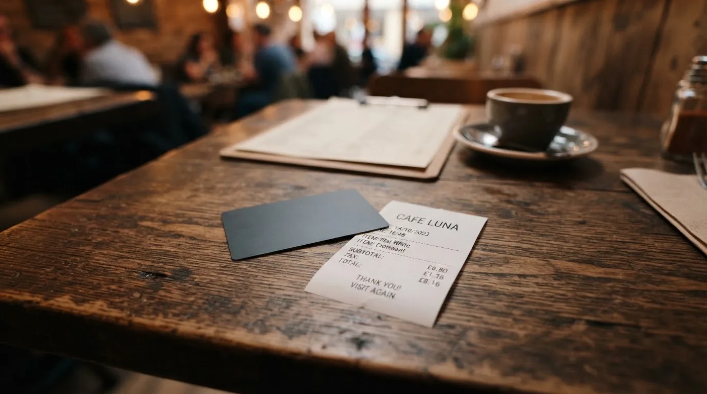A receipt and a card on a café table