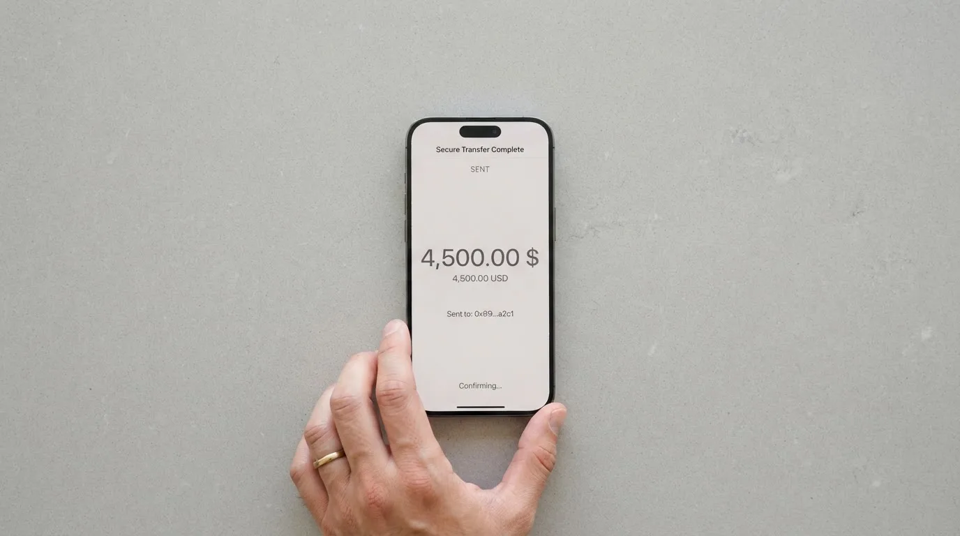 A phone showing a stablecoin transfer screen