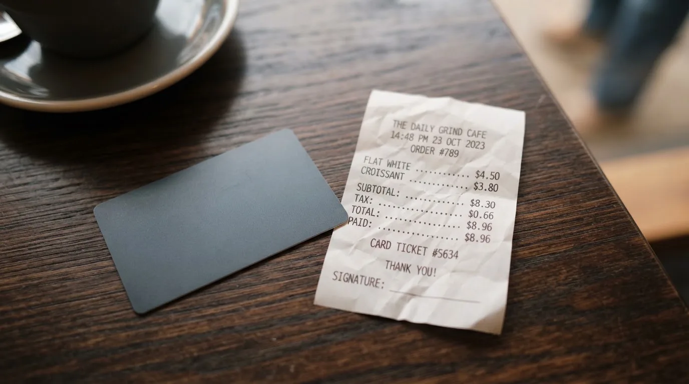 A receipt and a card on a café table