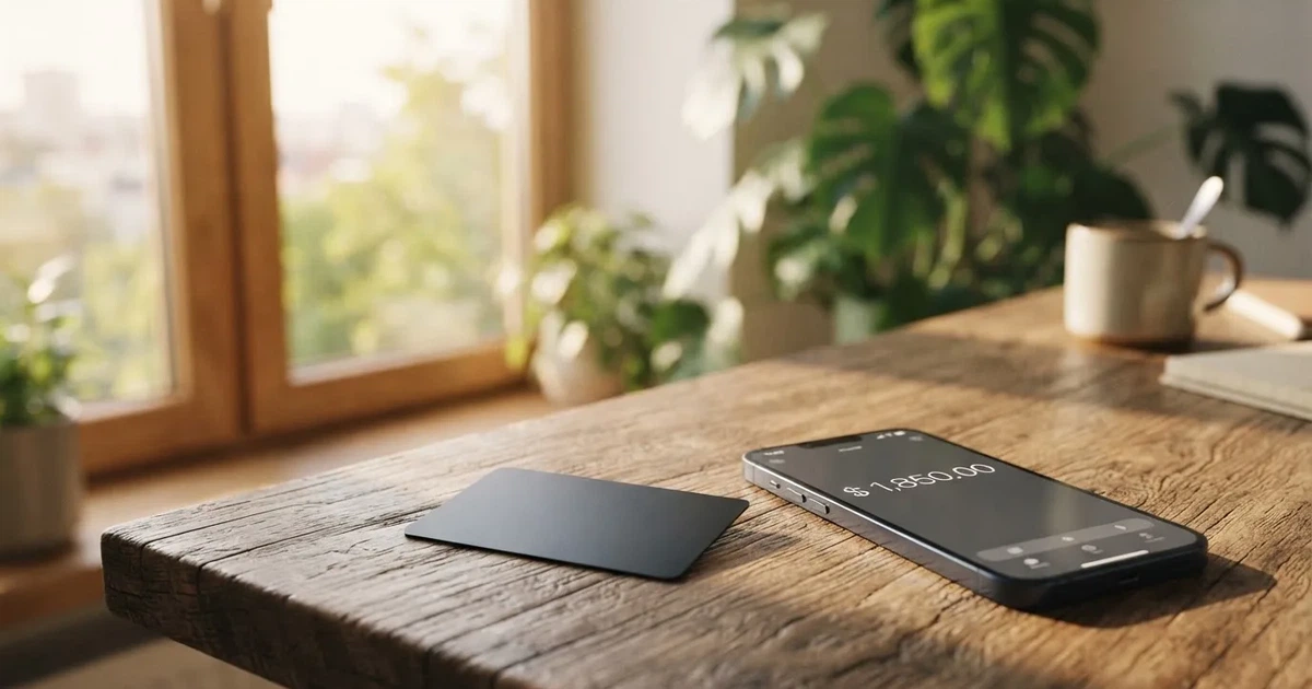 A payment card next to a phone with a crypto wallet app open