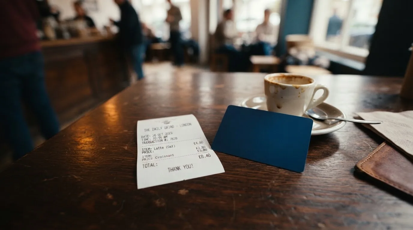 A receipt and a card on a café table