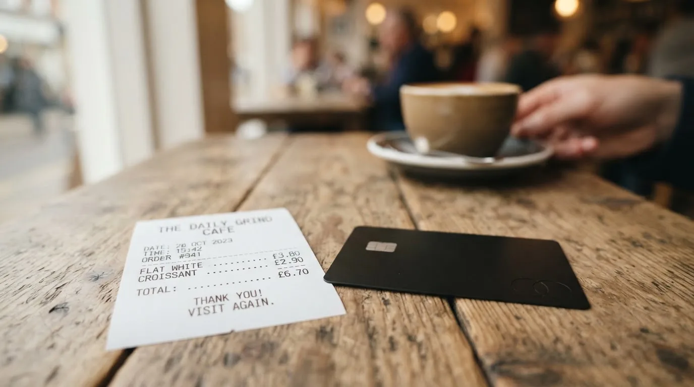 A receipt and a card on a café table