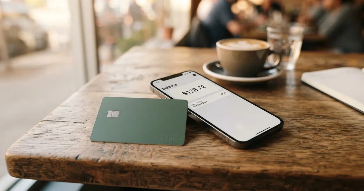A payment card next to a phone with a crypto wallet app open