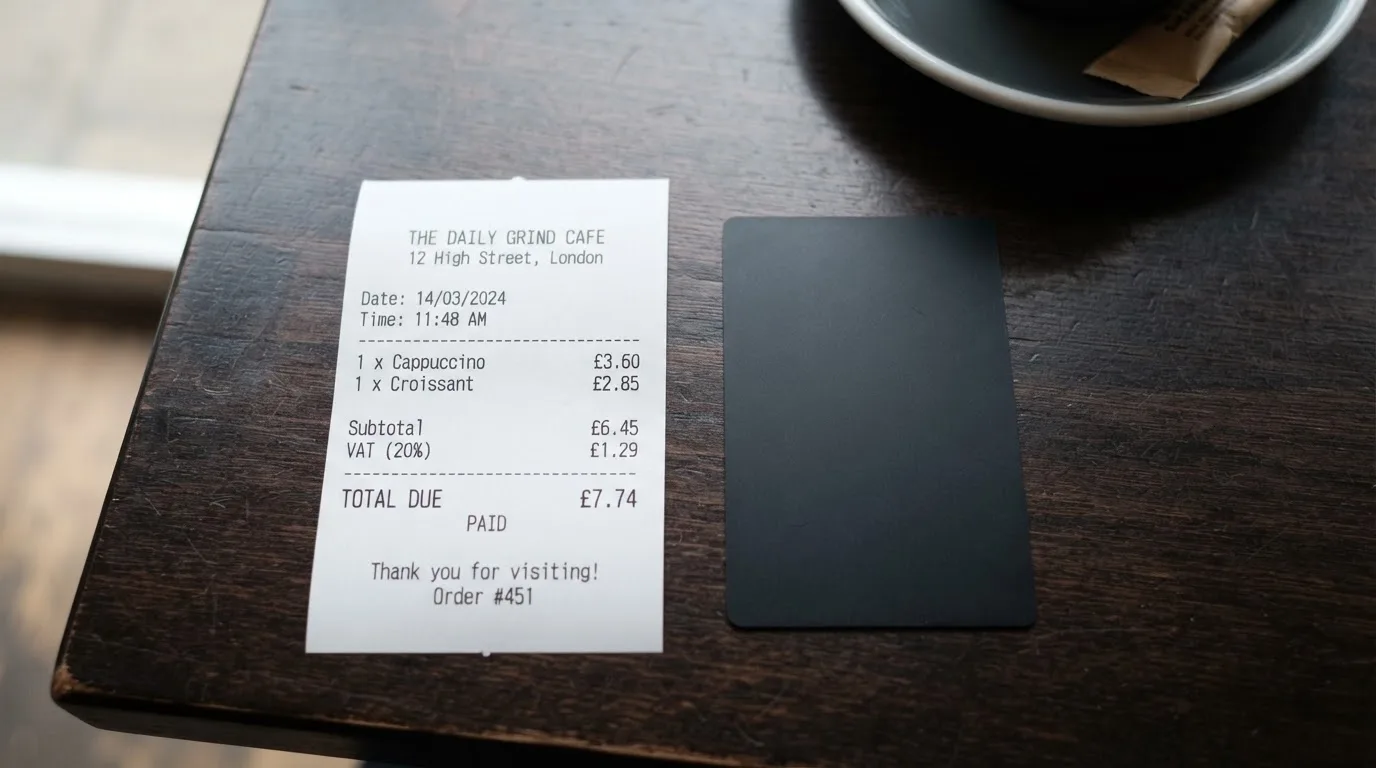 A receipt and a card on a café table