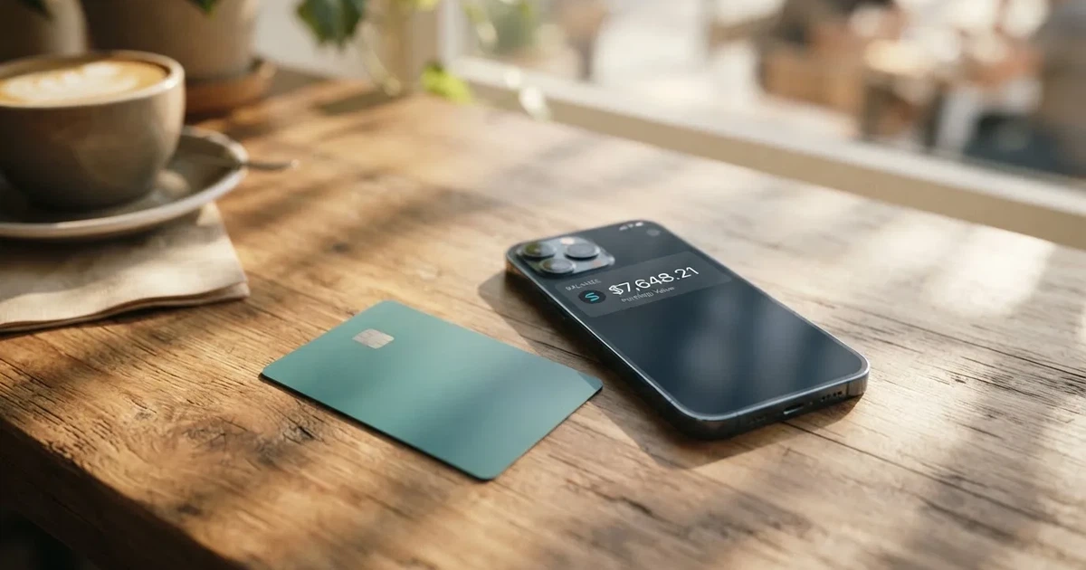 A payment card next to a phone with a crypto wallet app open