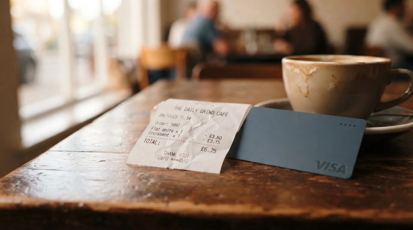 A receipt and a card on a café table