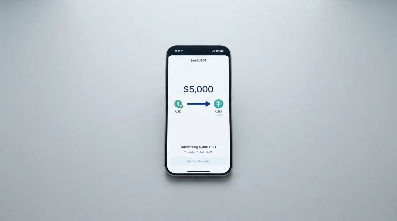 A phone showing a stablecoin transfer screen