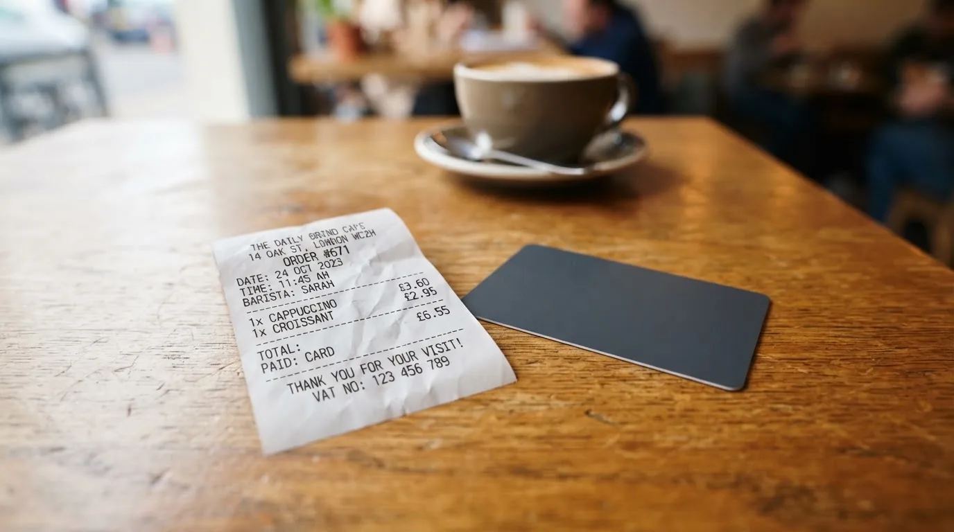 A receipt and a card on a café table