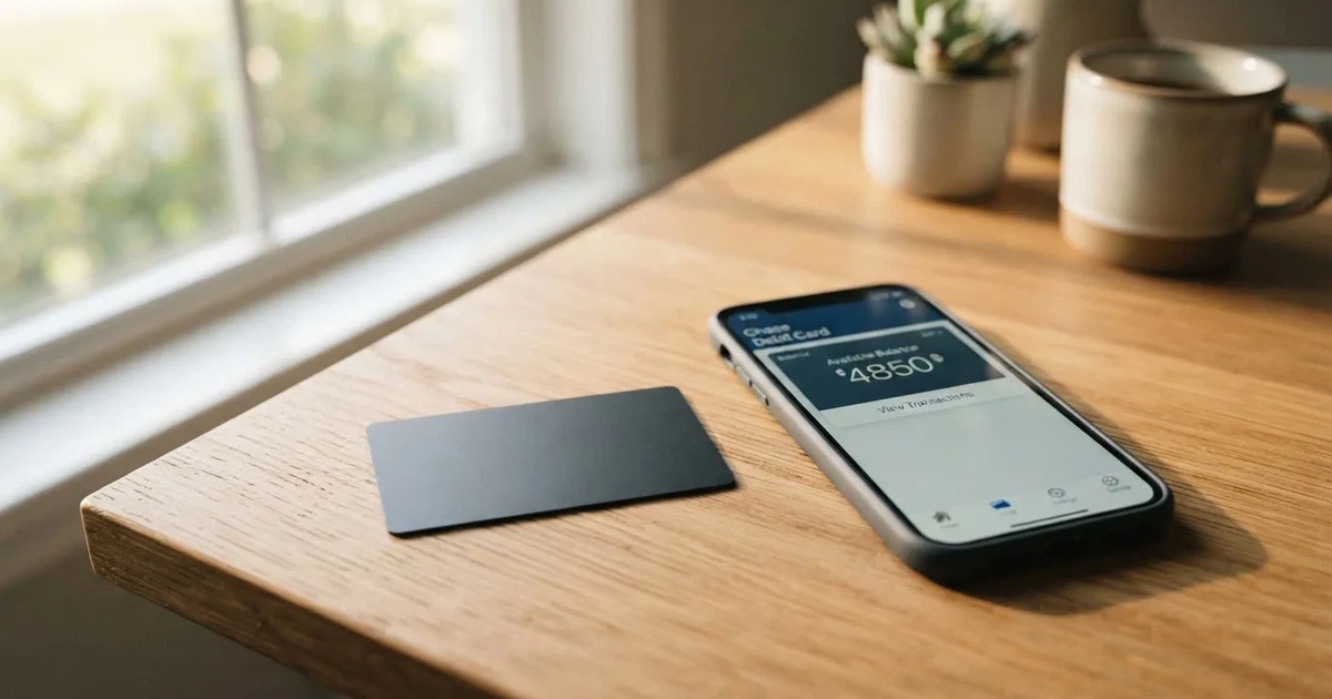 A payment card next to a phone with a crypto wallet app open