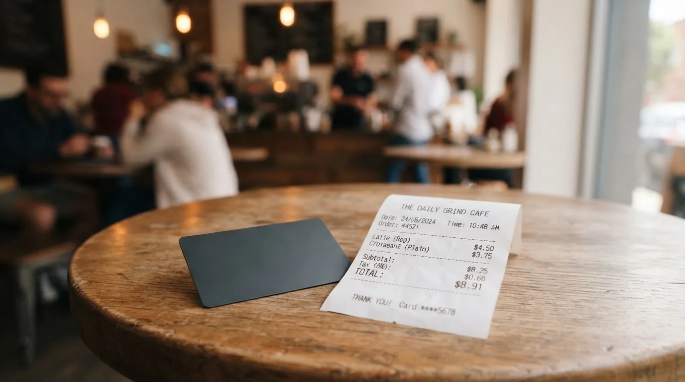 A receipt and a card on a café table