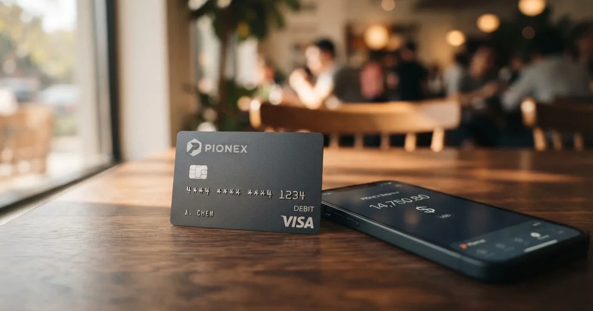 A payment card next to a phone with a crypto wallet app open