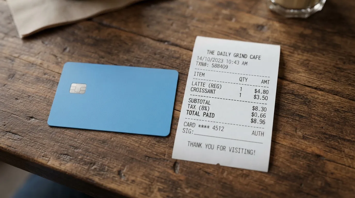 A receipt and a card on a café table
