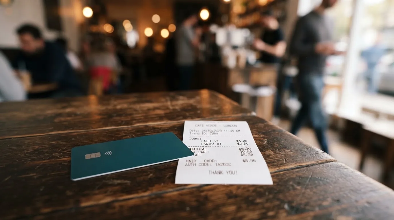 A receipt and a card on a café table